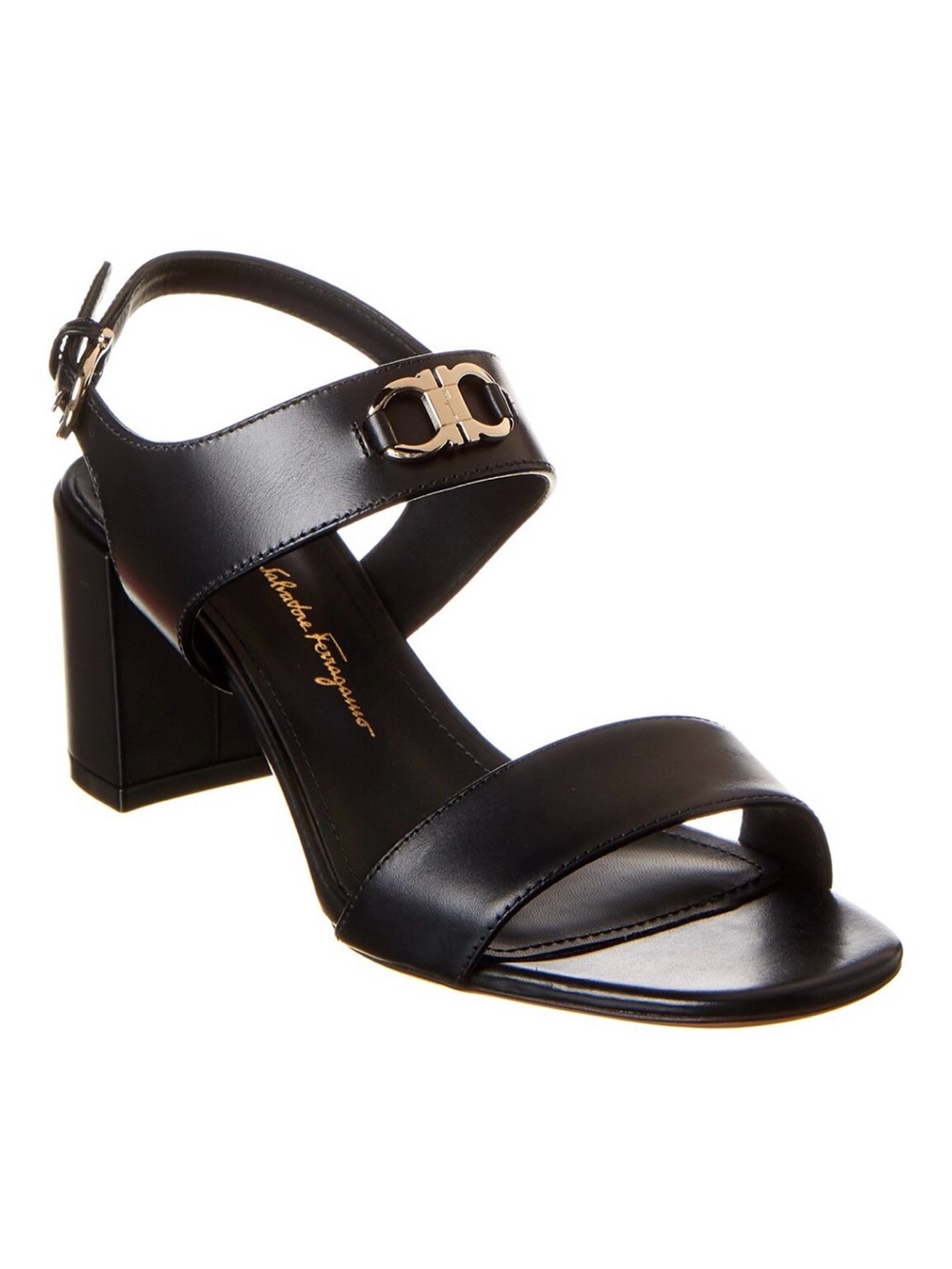 Salvatore Ferragamo Black Leather Block Heel Sandal